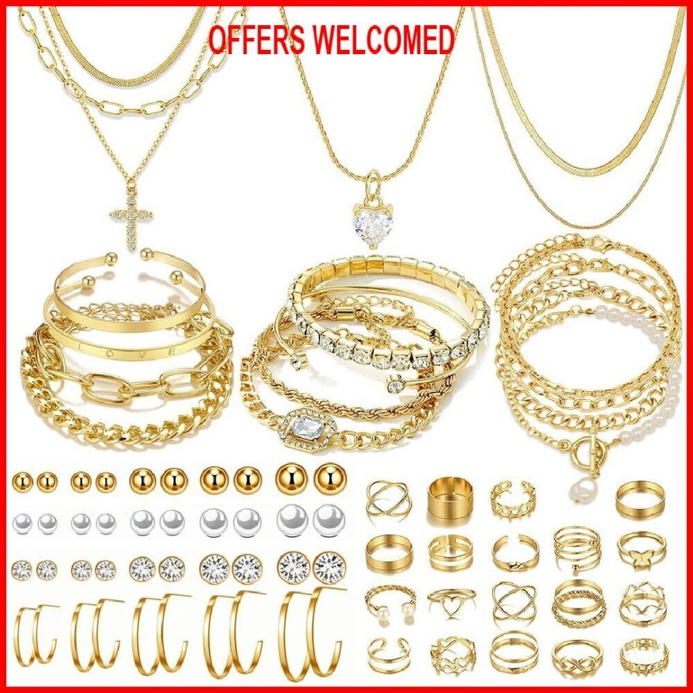 57-Piece Adjustable Alloy Jewelry Set with Necklaces Bracelets Earrings Rings
